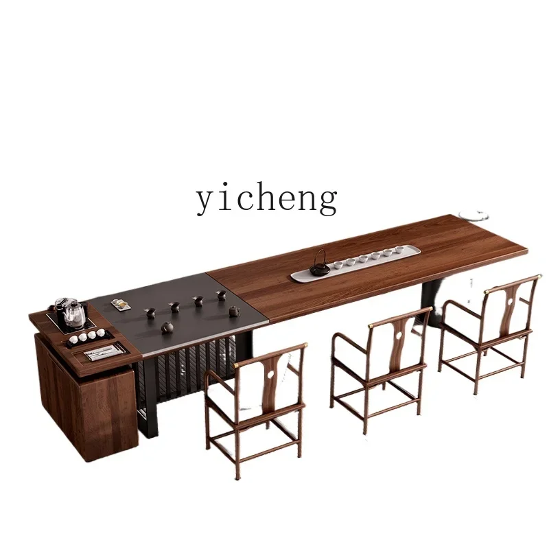 

Zf tea table business solid wood large board tea table and chair combination new Chinese office tea room zen