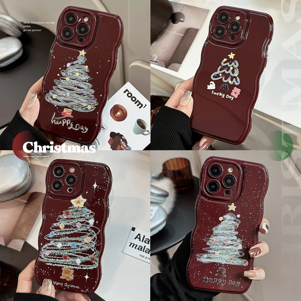 

Ins christmas tree illustration for iPhone16 phone case iphone15pro max wavy edge 11 burgundy 13 soft