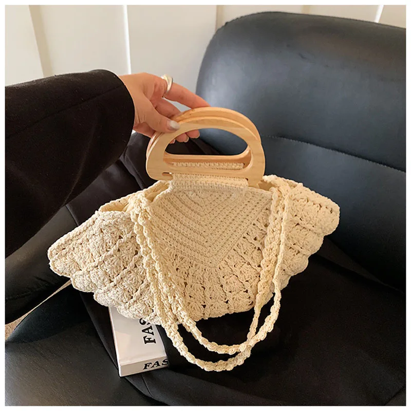 

Bohemian Rope Crochet Shoulder Bag Wooden Handle Women Handbags Handmade Woven Beach Bags for Women Knitting Clutch Tote Ladies
