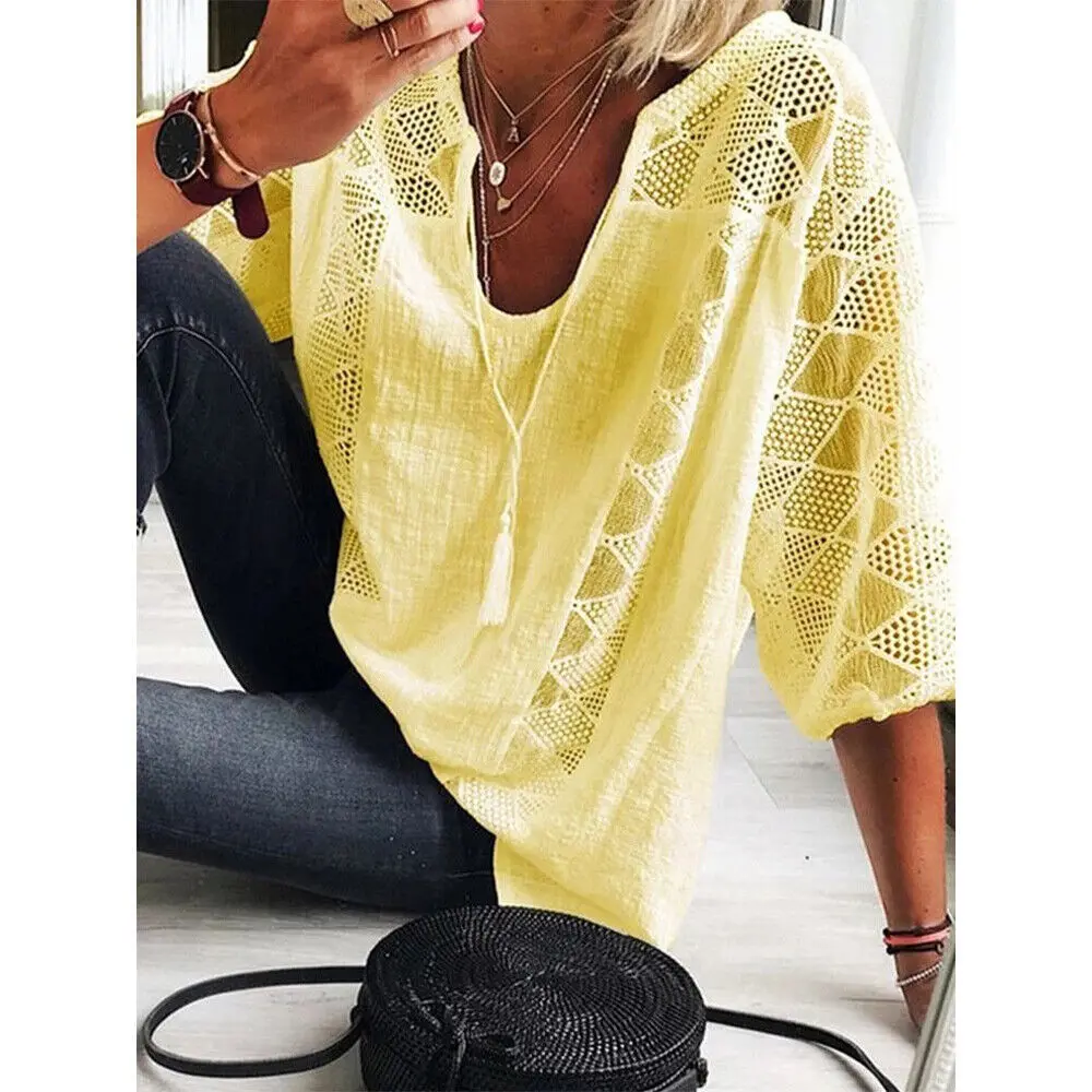 

VOLALO y2k Women's blouse 2024 Spring/Summer Cotton Lace Shirt Spliced U Neck 3/4 Sleeve Top Women's Solid Loose Blouse