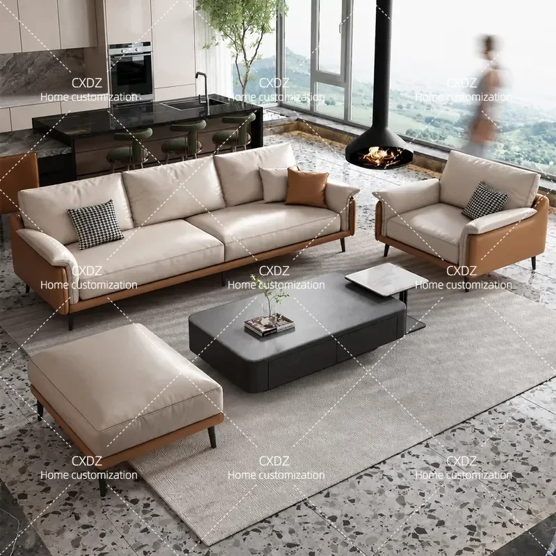 Modern Minimalist Leather Sofa Set Simple Business Meeting Area Leisure Couch Nordic Style Coffee Table Combination