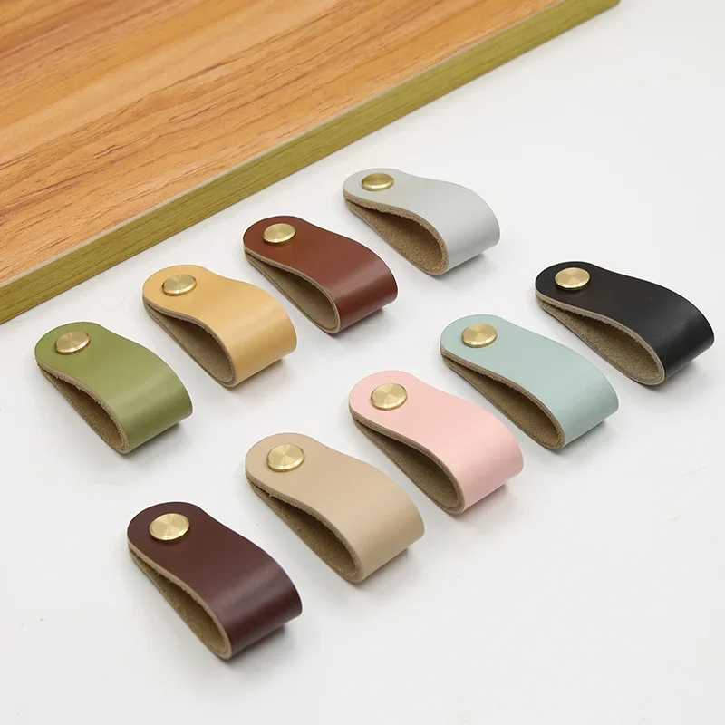 Colorful Leather Wardrobe Door Handle Copper Head Accessories Cabinet Drawer Knob Box Bag Accessories Furniture Decoration