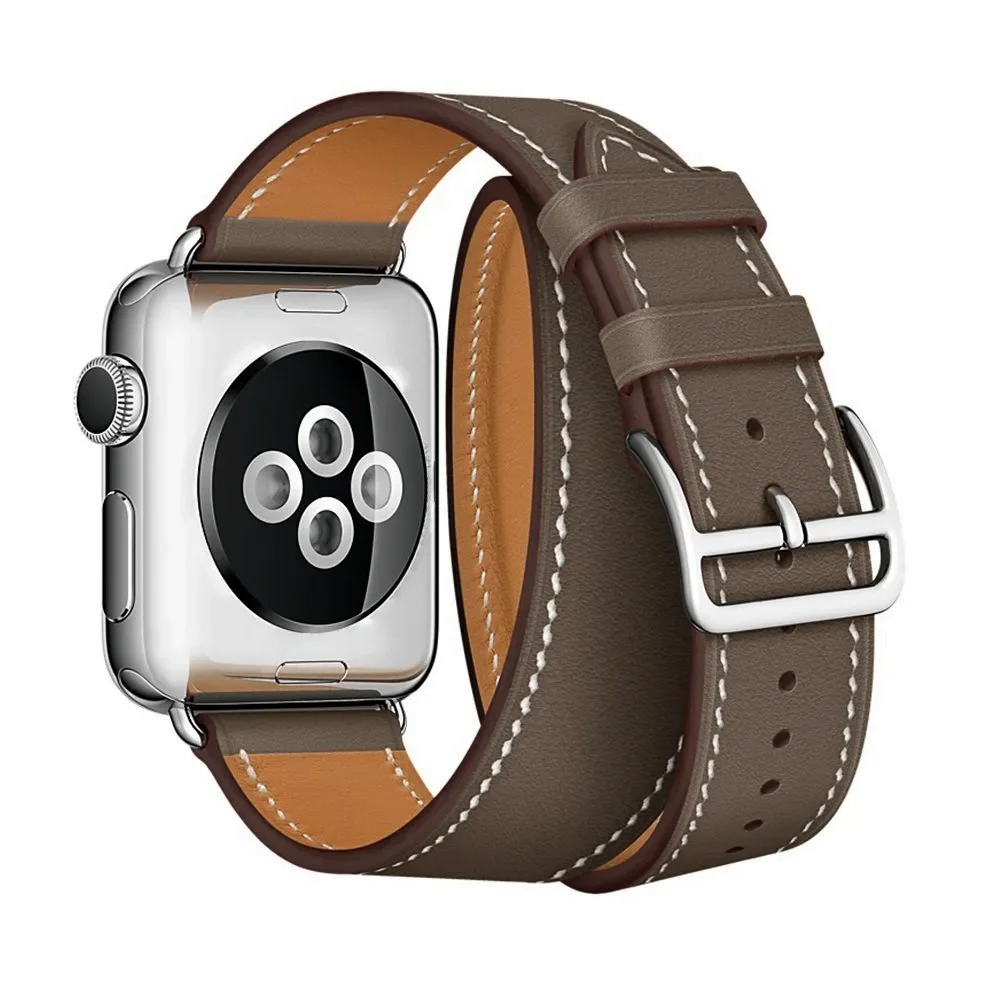 Extra-Long Double Tour Leather Strap for Apple Watch Band 38/42 3 2 1 49mm Ultra Loop for iWatch 9 SE8 7 6 5 4 44/40mm 41/45mm