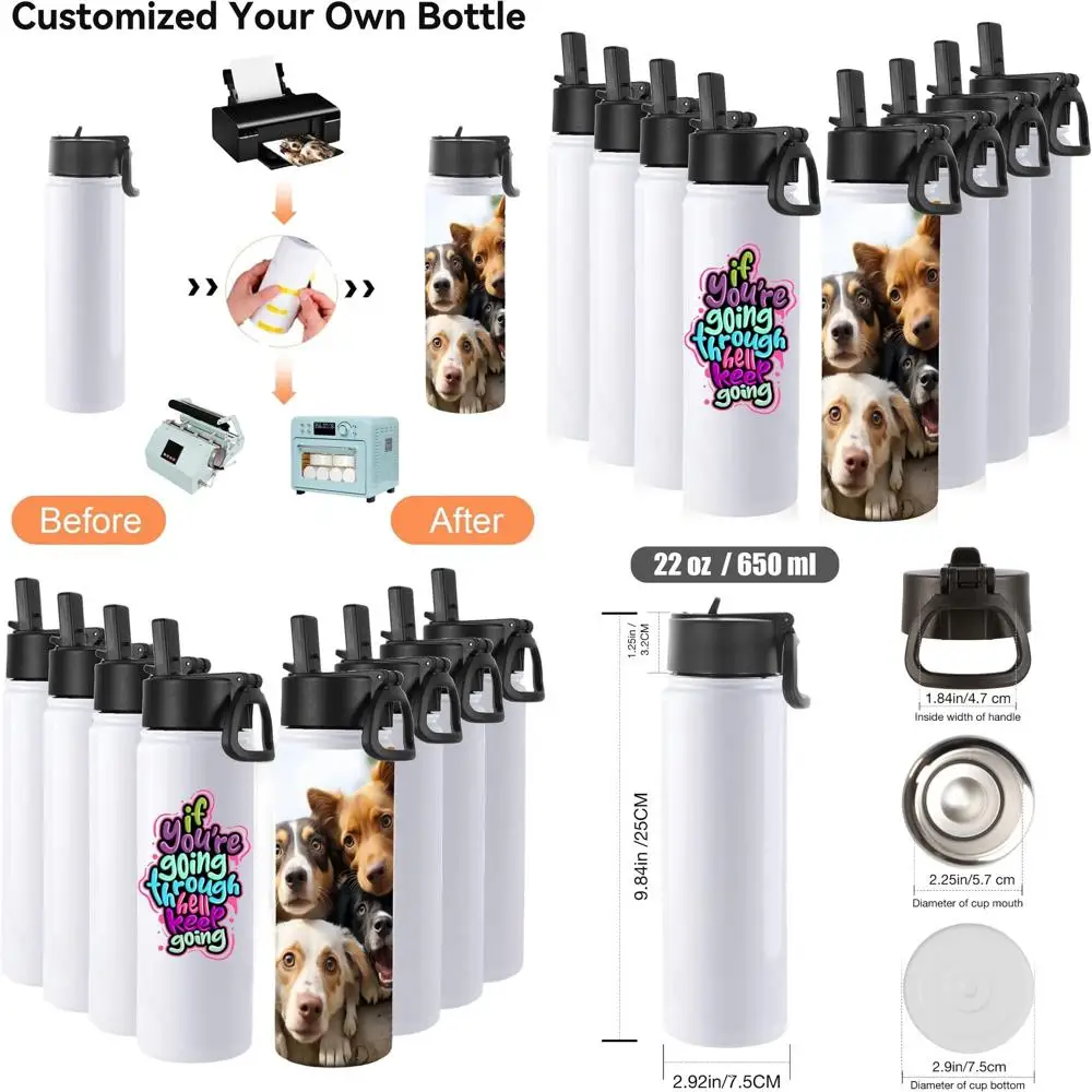 

8-Pack 22 oz Stainless Steel Insulated Water Bottles with Straw, Double Wall Vacuum Flasks, Wide Mouth for Sublimation