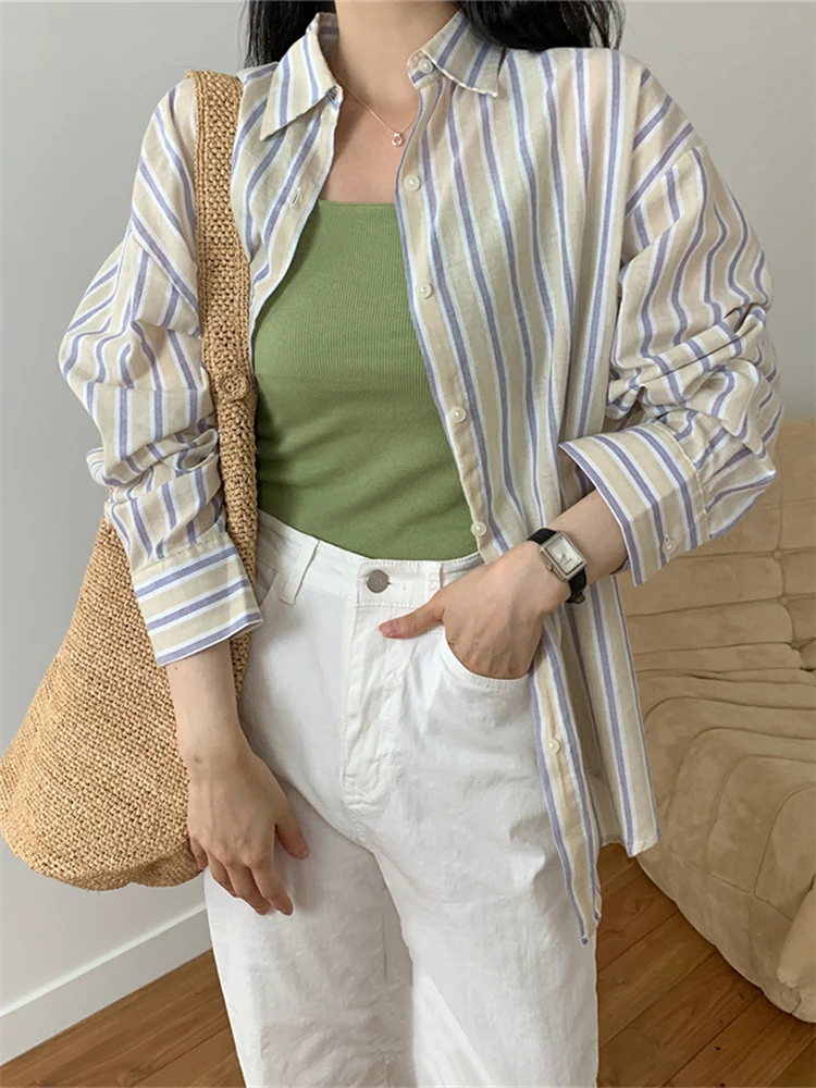 BL2289 New 2023 Korean Fashion Wild Vintage Print Shirts Chic Oversized Striped Women Spring Summer Elegant Blouses Lady Tops