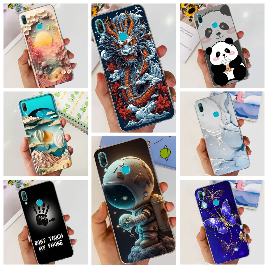 For Huawei Y7 (2019) Phone Case Huawei Y7P 2020 Back Cover Transparent Slim Soft TPU Rubber Bumper Child Fashion Cartoon Pattern