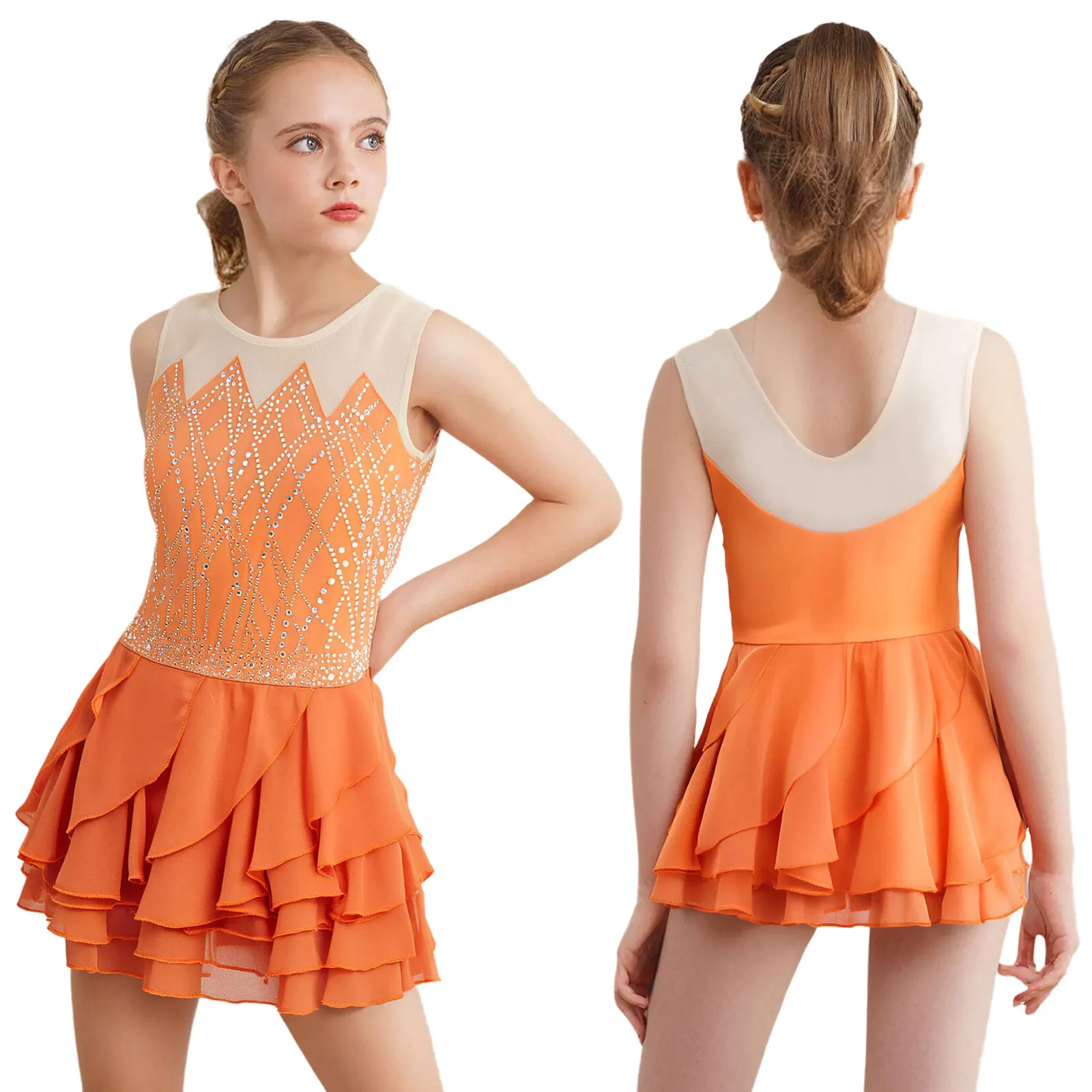 

Kids Girls Figure Skating Ballet Dress Round Neck Sleeveless Shiny Rhinestones Mesh Tiered Ruffled Leotard Dress Dancewear 2025