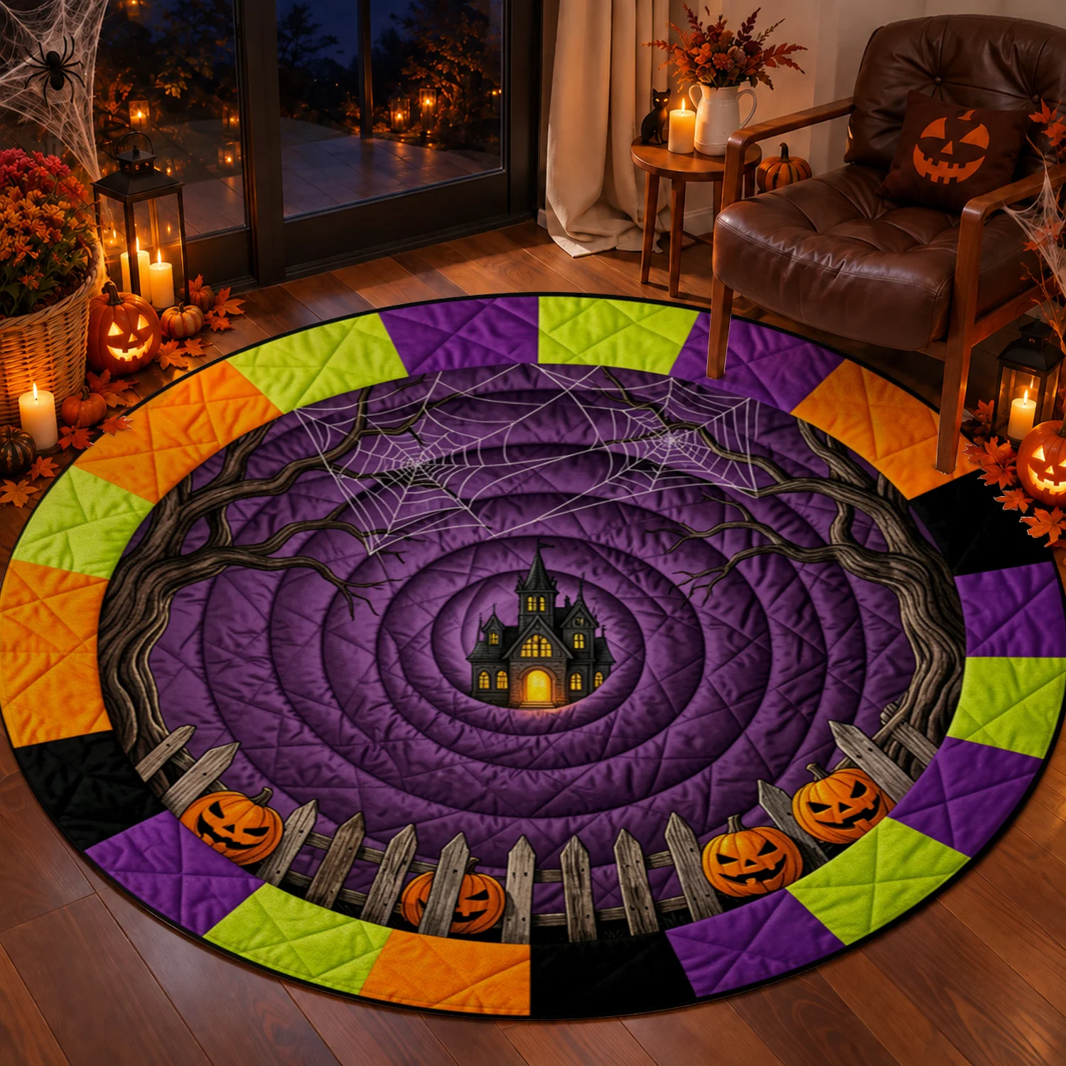 Halloween Haunted House Pumpkin Spider Web Round Velvet Mat Machine Washable for Living Room Entryway Bedroom Dining Area Halloween Thanksgiving Christmas New Year Decor