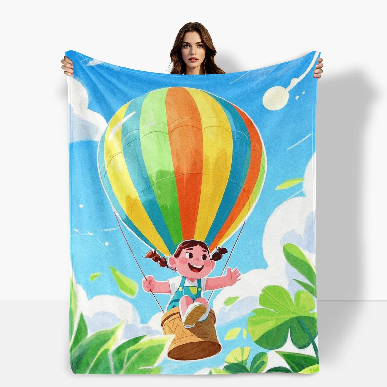 

Hot Air Balloon Leaves Green Field White Clouds Blanket For Nature Inspired Decor And Unique Gift For Adults