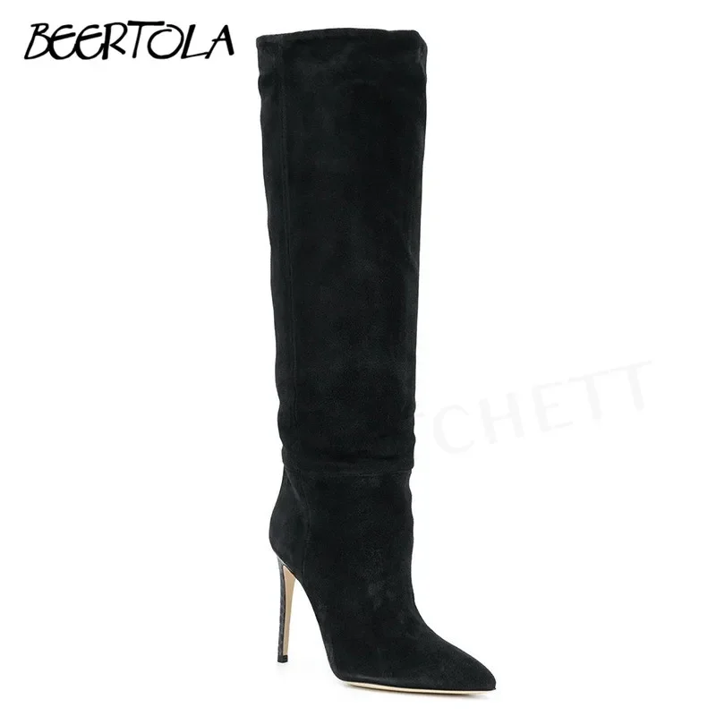 

Frosted Suede Knee-High Boots Pointed Toe Stiletto Sleeve Pleated Pile Boots Slim High-Top Large Size Fashion Women's Boots