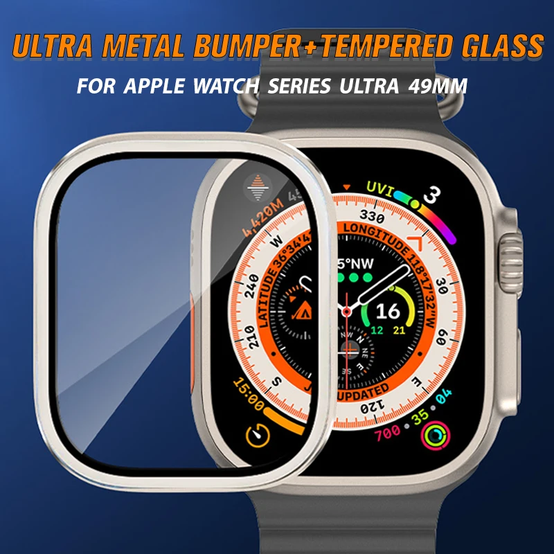 

Metal Bumper+Tempered Glass For Apple Watch Ultra 49mm Case Accessories Screen Protector Metal Bezel Full Film iWatch Ultra 49mm