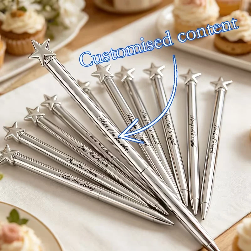 1Pc/5Pcs/10Pcs/15Pcs Personalized Silver Five-Pointed Star Shaped Ballpoint Pen, Can Be Laser Engraved with Name and Date, Simple and Stylish, High Aesthetic Value, Metal Signature Pen Suitable for Wedding Guest Favors