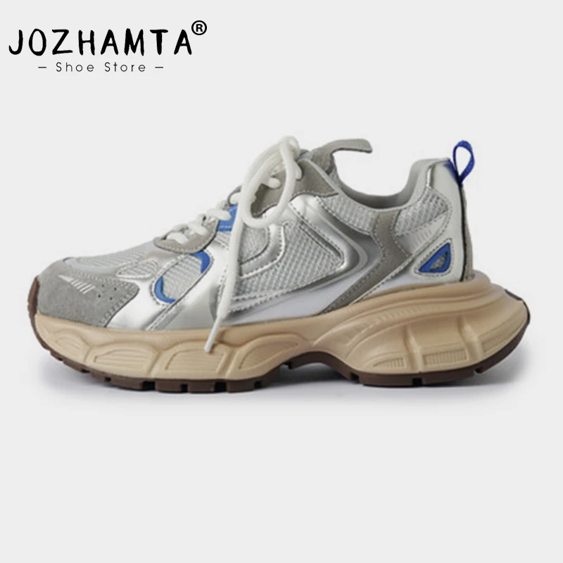 

JOZHAMTA Size 35-40 Real Leather Women Sneakers Casual Lace-Up Breath Mid Heels For Womens Spring Athletic Tennis Platform Shoes