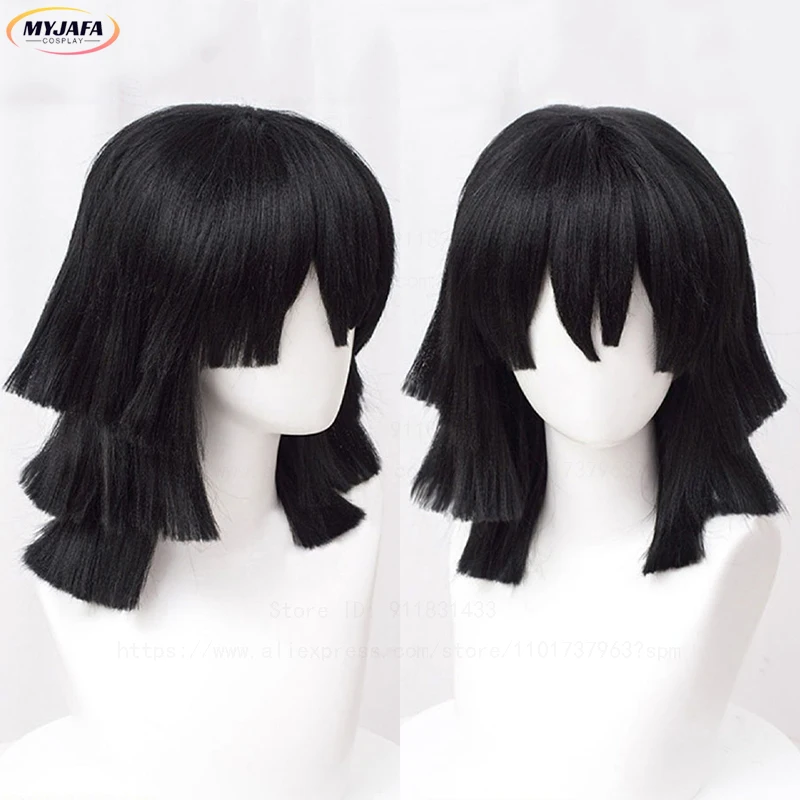 

High Quality Iguro Obanai Cosplay Wig Short Black Styled Layers Heat Resistant Hair Anime Wigs + Wig Cap