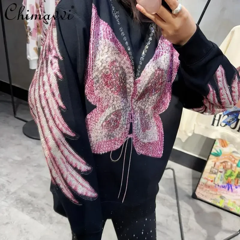 Autumn Winter New Luxury Trendy Brand Heavy Hot Diamond Round Neck Butterfly Wing Sweatshirt Loose Long Sleeve High Street Tops