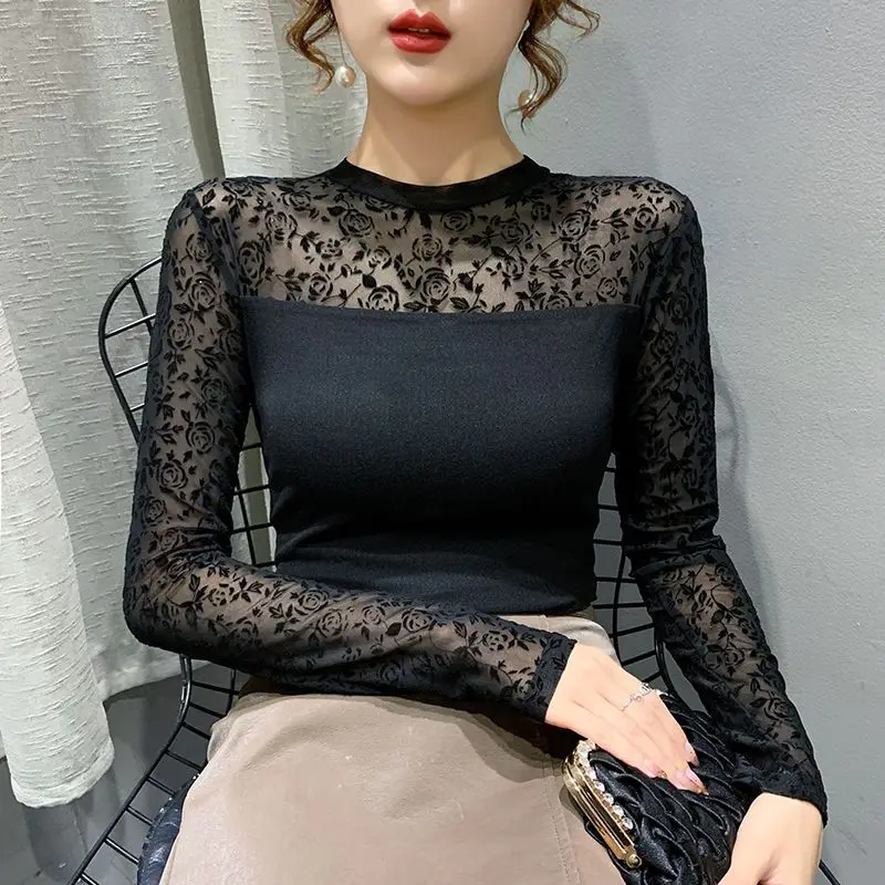 Feminino elegante sexy ver através de malha retalhos elegantes camisetas básicas preto o pescoço manga longa fino pulôver topos ropa de mujer