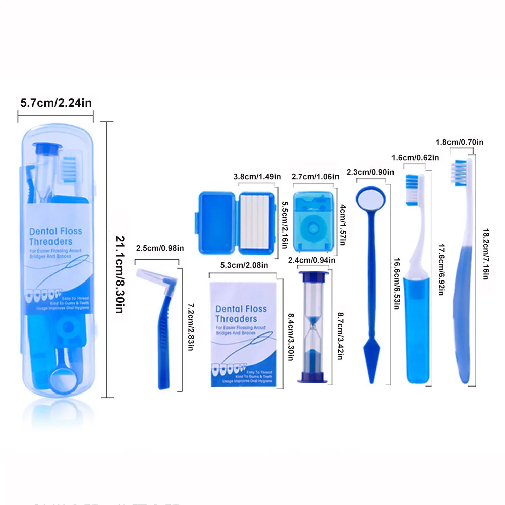 8Pcs/set Travel Case Orthodontic Supply Oral Care Tool Kit Toothbrush Protective Wax Dental Floss Mouth Mirror Interdental Brush