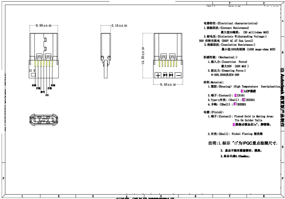 USB 3.1 Typ-C Anschluss 14/16-Pin Buchse 4-Pin Adapter für Lötkabel 6 Lötstellen mit CC1 CC2 USB-C Buchse – Detail 9