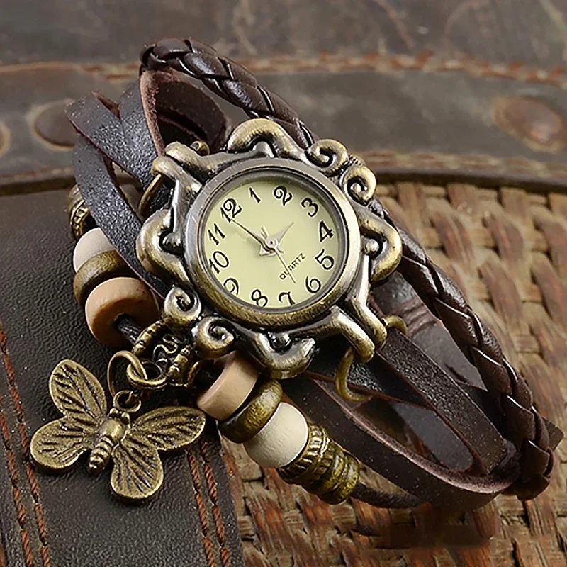 Multicolor High Quality Women Genuine Leather Vintage Quartz Dress Watch Bracelet Wristwatches Leaf Gift Christmas