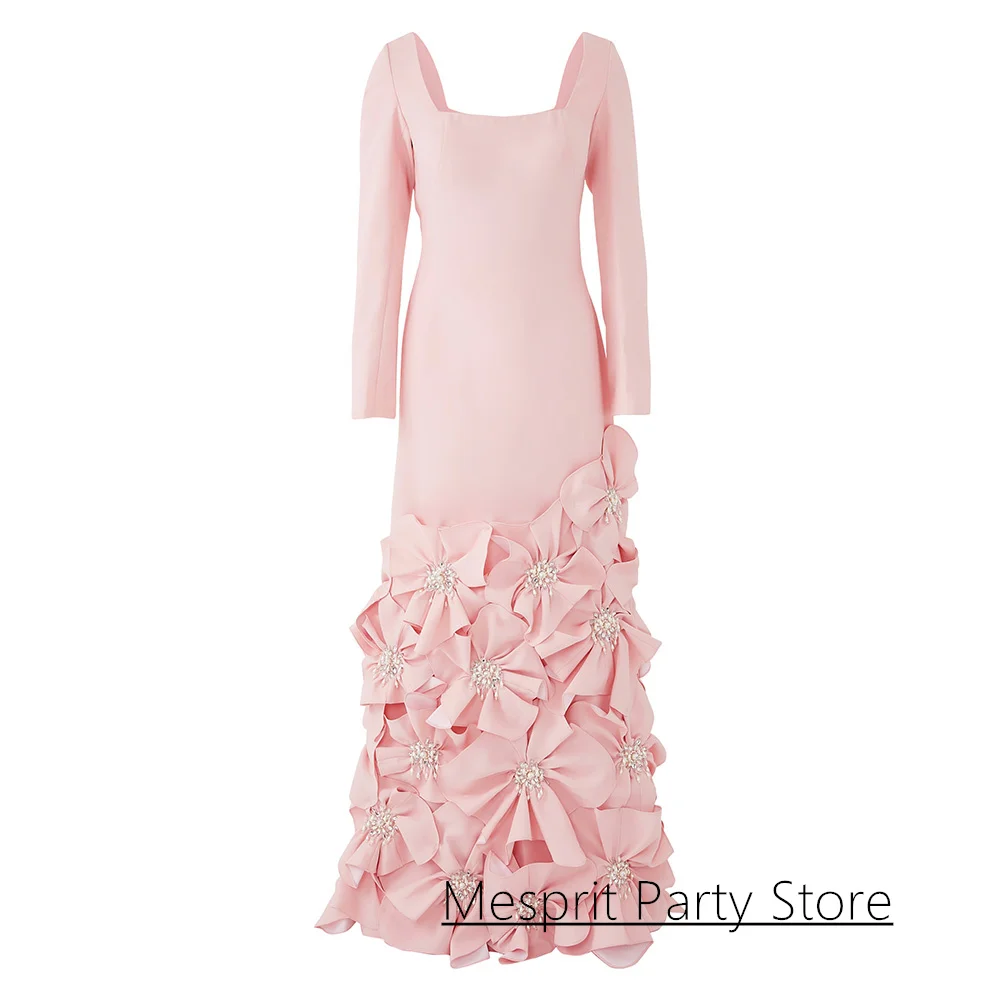 Fashion Pink Evening Dress Customized Square Neck Long Sleeves Pearls Flowers A Line Formal Prom Gown Pageant Party Dresses image 4