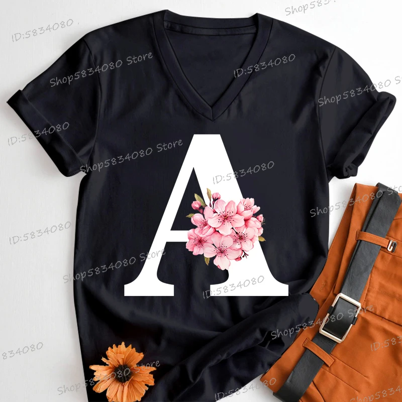 Pink Sakura Alphabet Fashion Casual Tops Women Cherry Blossom Lover V-neck Short Sleeve T-shirt Letter L Floral Gift Clothing