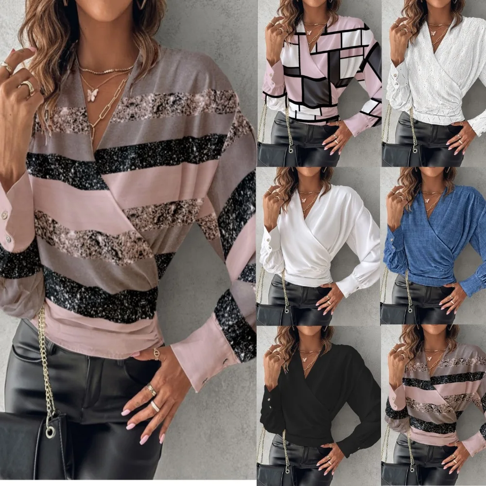 Shirt Women Blouse Print V Neck Slim Long Sleeve Sexy Autumn Spring Top Vintage Shirts Casual Office Lady Tops 2025 Streetwear - Detail 1