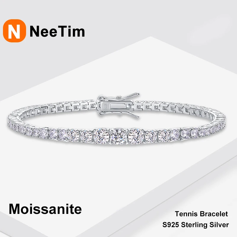 NeeTim D VVS1 Full Moissanite Tennis Bracelet S925 Sterling Silver with White Gold Plated Bracelets for Women Man Wholesale