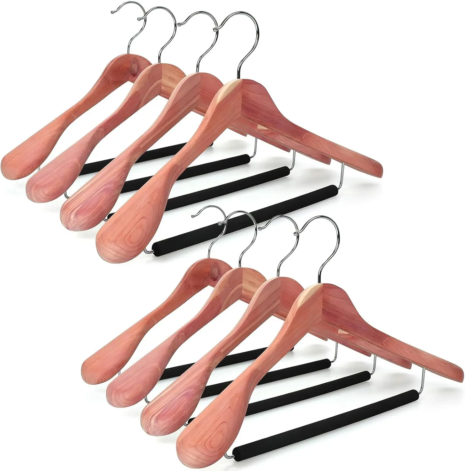 

8 red Cedar Hangers, Wide Shoulder, Luxury Wood. Padded Pant Bar, 360° Swivel Chrome Hook. Natural-CT07W-8.