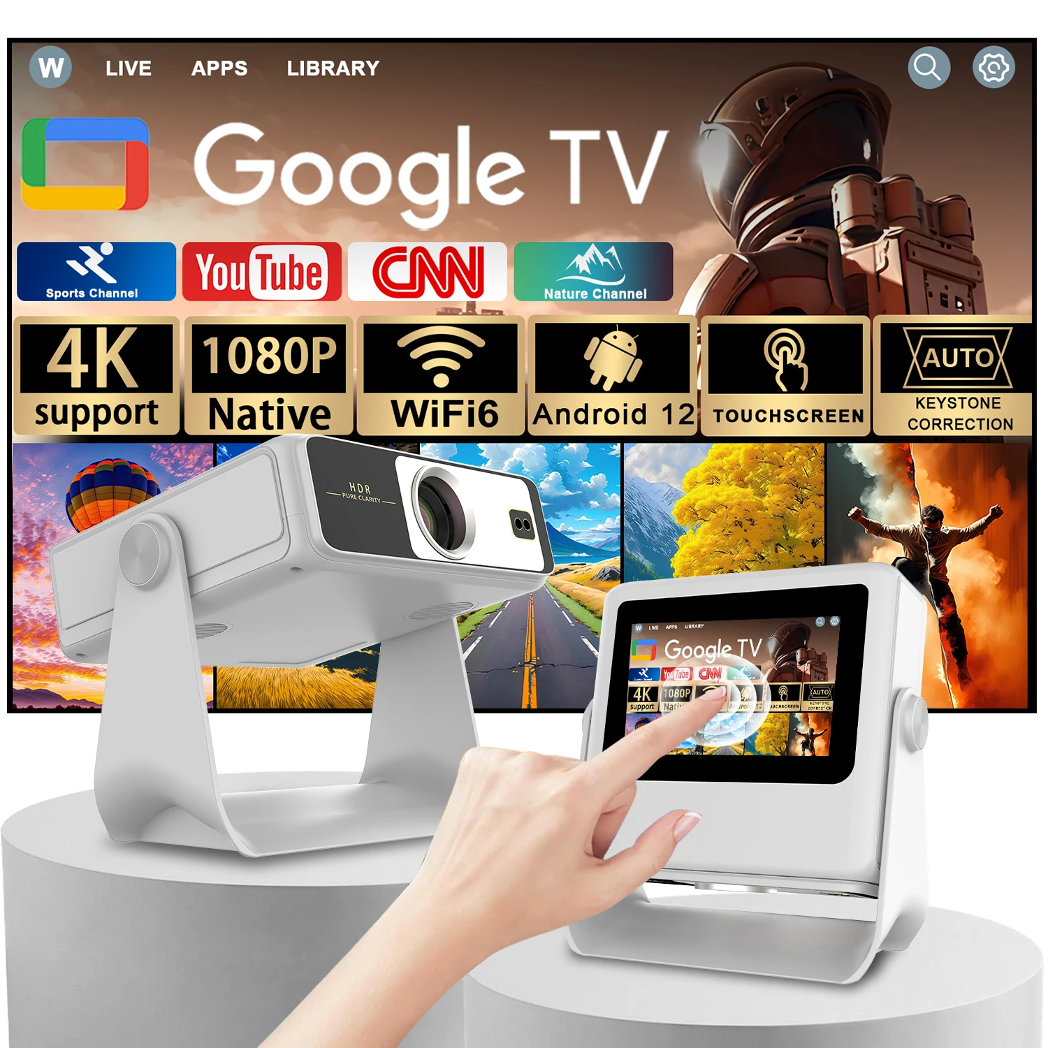 

7" 1080P 4K Android 12 Projector Auto Focus 180° Rotation 3-in-1 Tablet Speaker HDMI USB Portable Home Cinema
