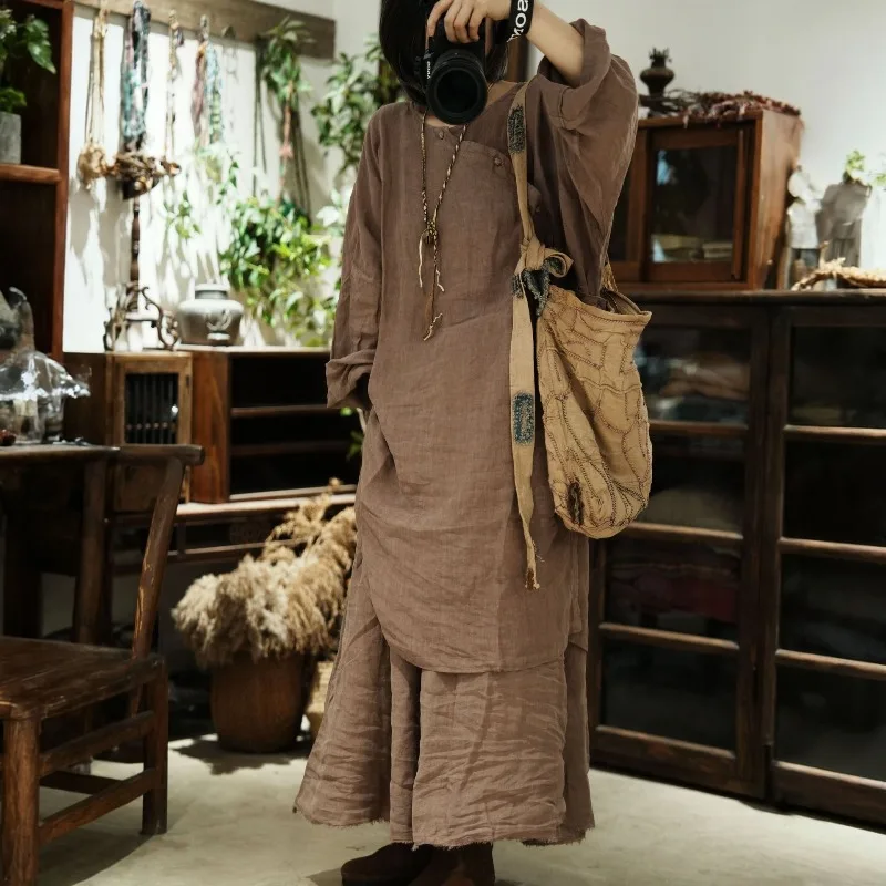 Women Fall Long Batwing Maxi Dresses Plus Size Chinese Side Button Vestidos 2026 New Female Loose Causal Linen One Piece Dress