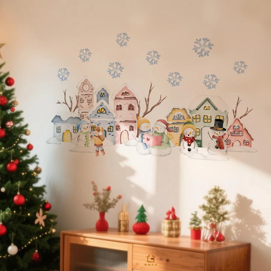 Warm Watercolor Snowman Colorful Cottage Nursery Wall Stickers Removable Self-Adhesive For Nursery Living Room Kids' Room Decor
