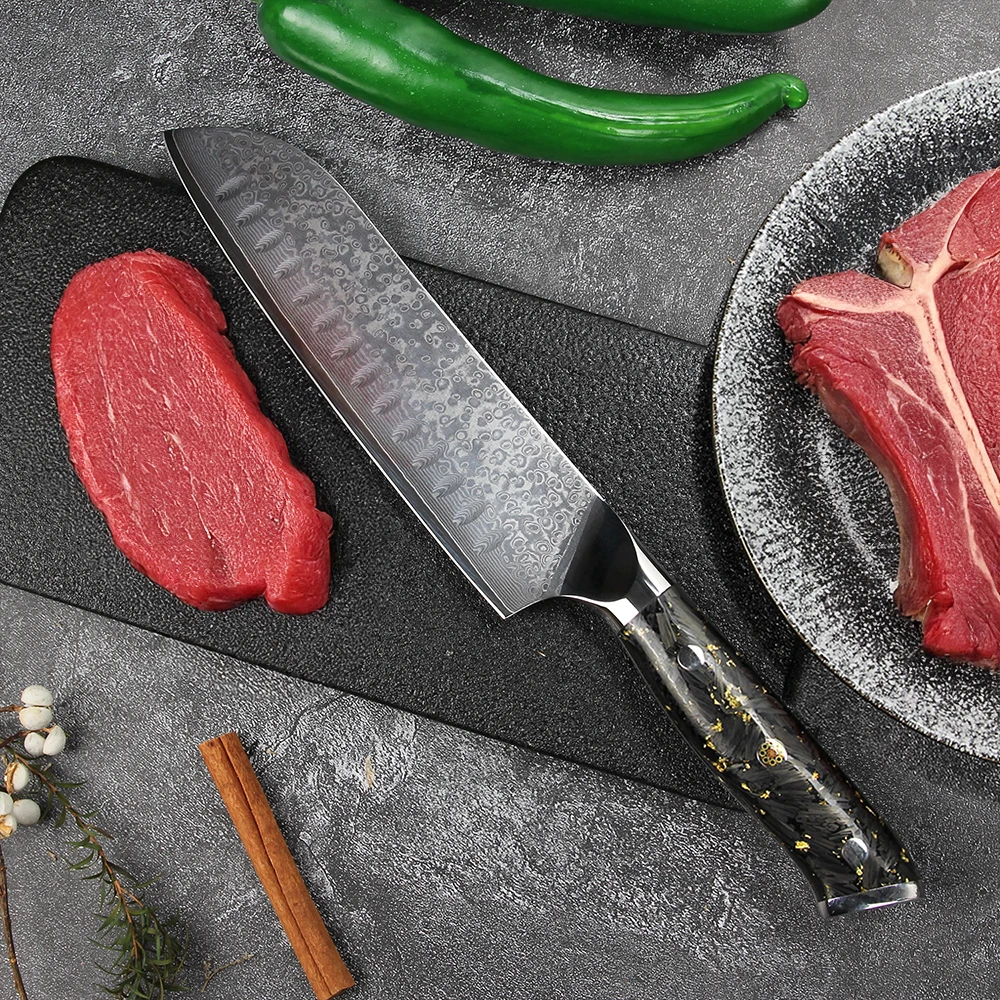 Professionelles Santoku-Messer aus Damaststahl, handgeschmiedetes VG-10-Küchenmesser für das Hacken von Fleisch, Fisch, Obst und Gemüse – Detail 2