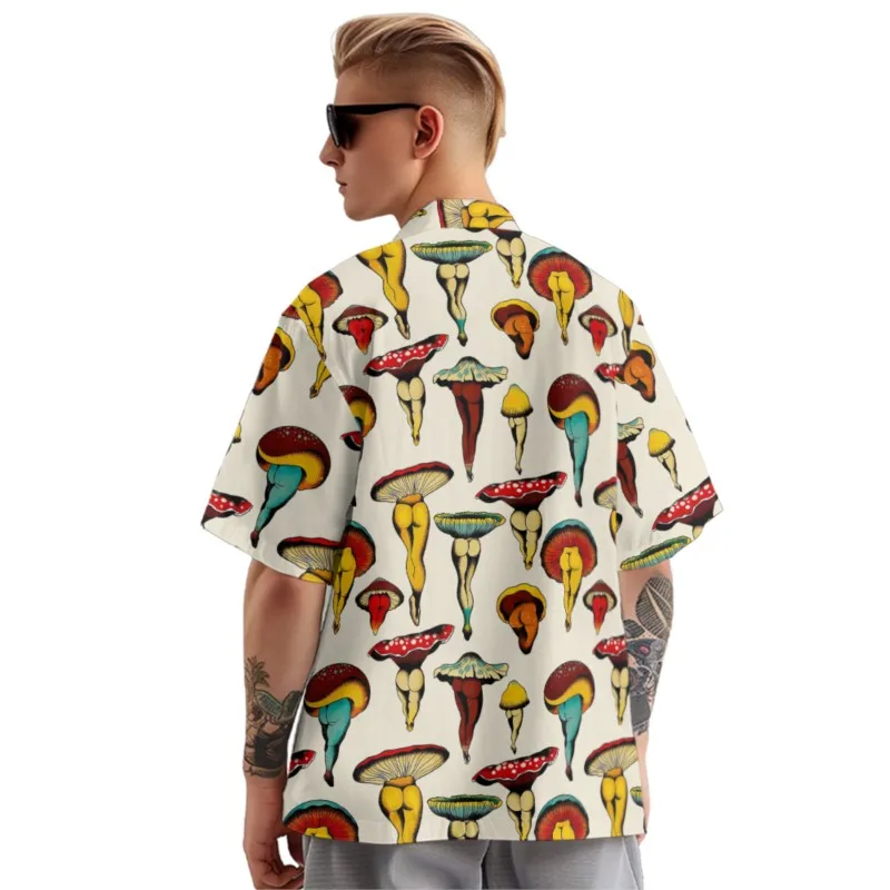 Mushroom Man Print Shirt Men's Hawaiian Chest Pocket Shirt Casual Short Sleeve Daily Smart Business Shirt For Men