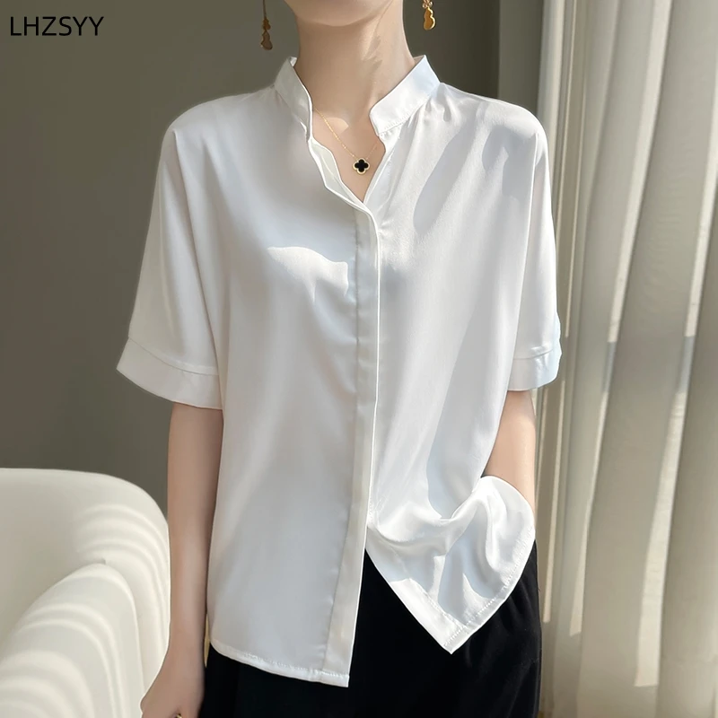 LHZSYY Summer 2024 Silk Satin Short-Sleeved Shirts Ladies Stand-up Loose Jackets T-Shirt Solid Casual Wild Silk Cardigan Blouse