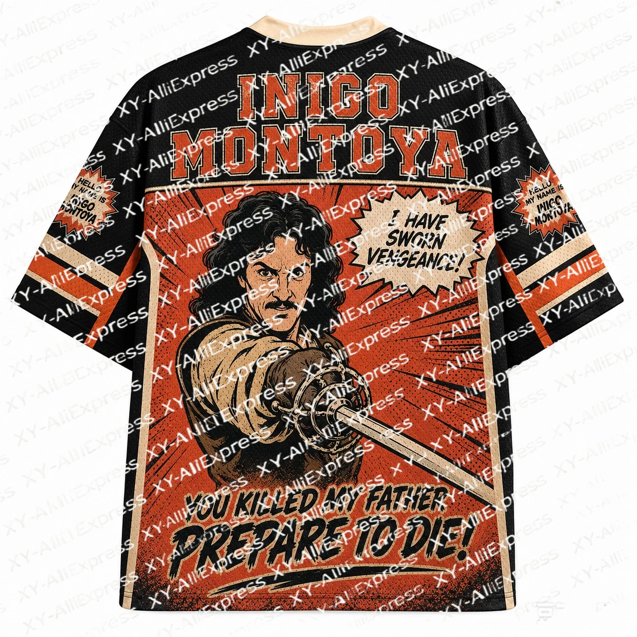 American Jersey Style, Full Vintage Character Comic Print, Orange-black Color Scheme. Stand Out on Street with Bold Retro Vibe.