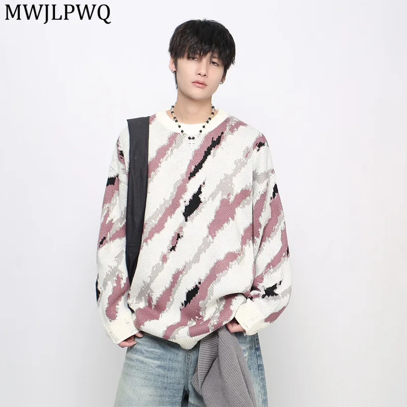 

MWJLPWQ American Tie-Dye Sweater Men High Street Round Collar Lazy Style Niched Loose Couple Casual Knitwear Autumn Winter 21071