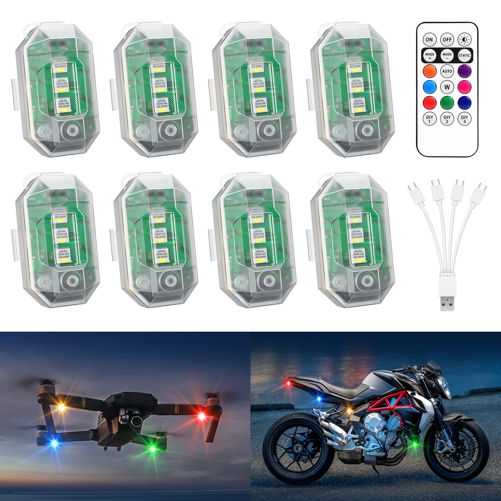 MICTUNING 8PCS Wireless LED Strobe Lights with Remote Control, 8Colors 4-in-1 USB Charing Anti-Collision Emergency Warning Light