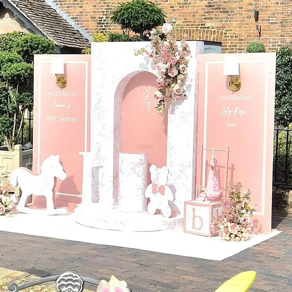 

FSDKX Happy Birthday Acrylic Board Backdrop With Round Stage Decor Wedding Babyshower Pink Event Decor