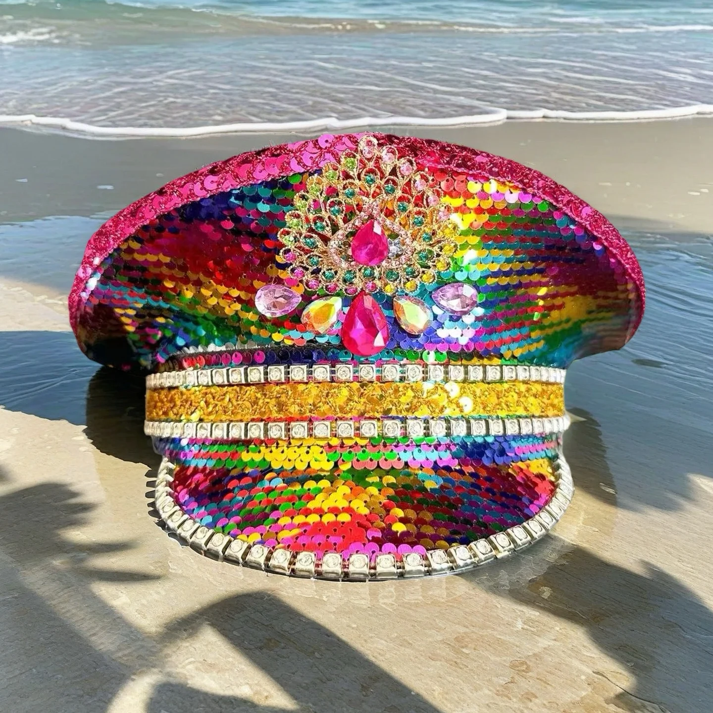 Kolorowy kapelusz na Halloween HongLuan, kapitańskie czapki z dżetami na festiwal Burning Man dla kobiet, akcesoria do cosplay dla kobiet