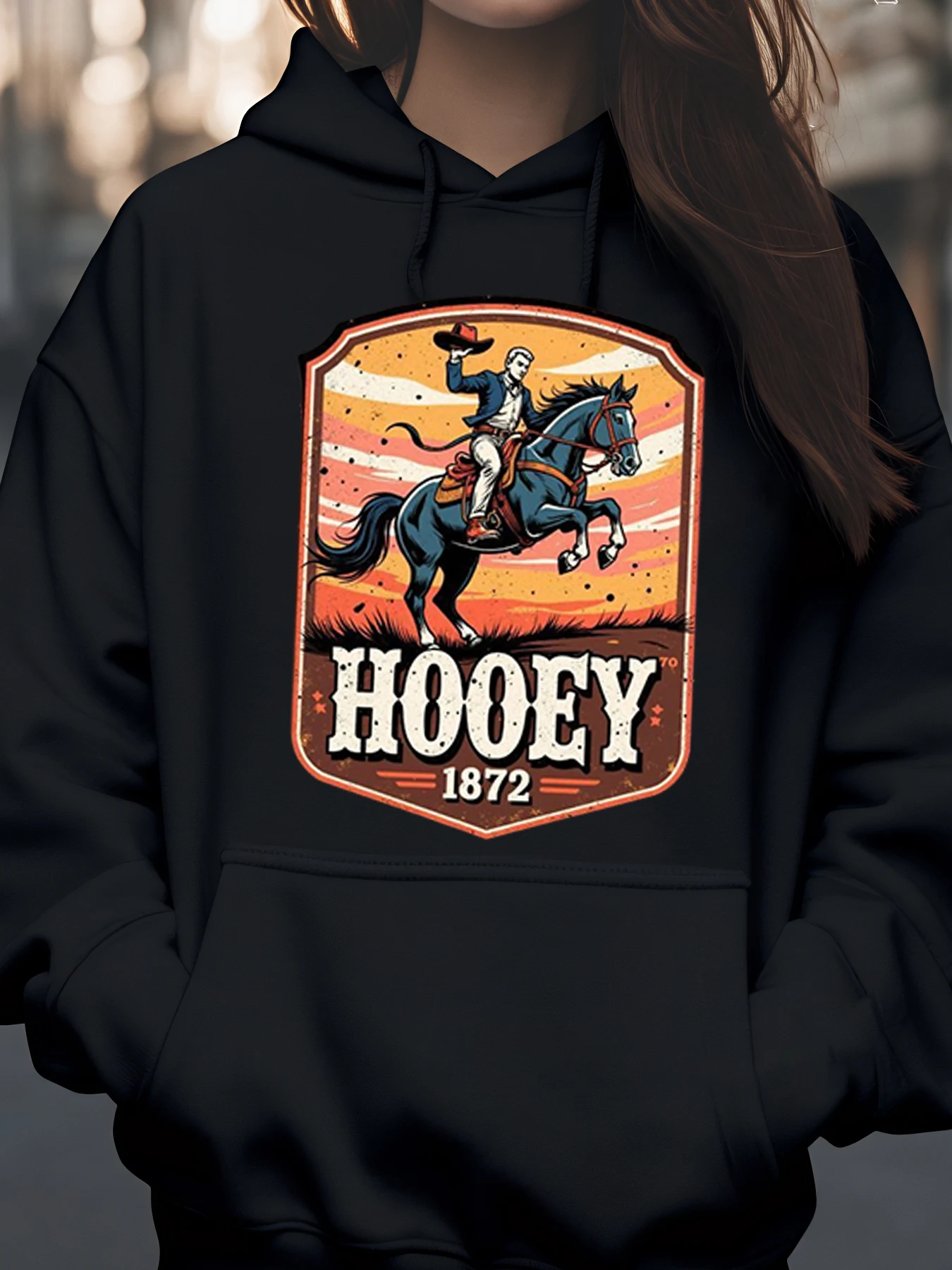 سترة بغطاء للرأس مطبوعة من Western Cowboy Horse Rider Hoofy 1872 لموسم الخريف ملابس غير رسمية للرجال والنساء