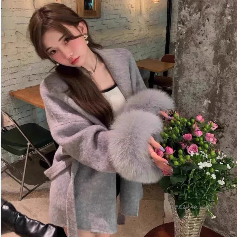 Fashion Elegant Beautiful Women's Clothing Jacket Detachable Fox Fur Tie Simple Design Cashmere Coat Winter Clothing Woolen Coat