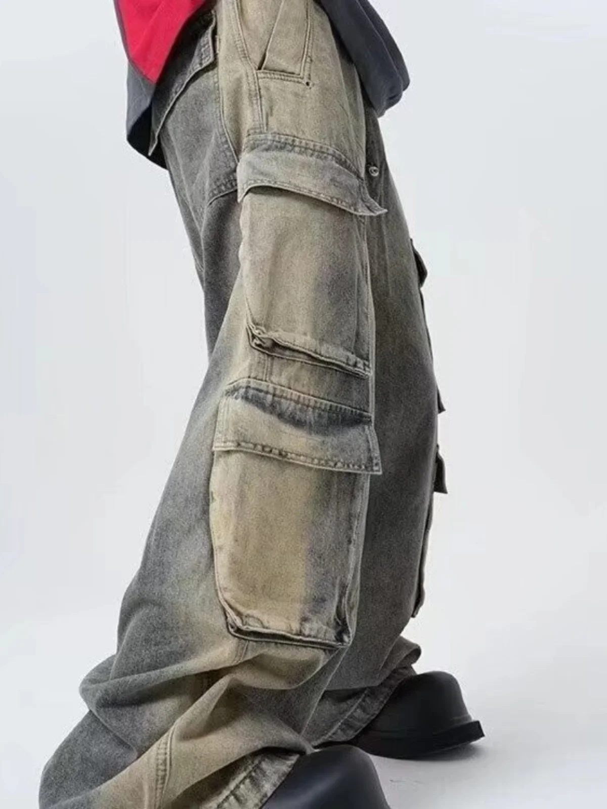 

American Style Loose Wide Leg Jeans Graffiti Washed Multi Pocket Workwear Casual Breathable Polyester Cotton Blend Autumn Jeans