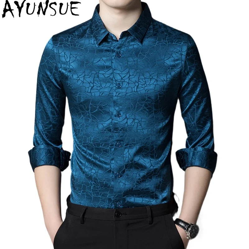 

SYUNSUE 92.4% Mulberry Silk Mens Shirts Long Sleeve Shirt Camisas De Hombre Casual Spring Men Clothing Fashion Printed Shirt