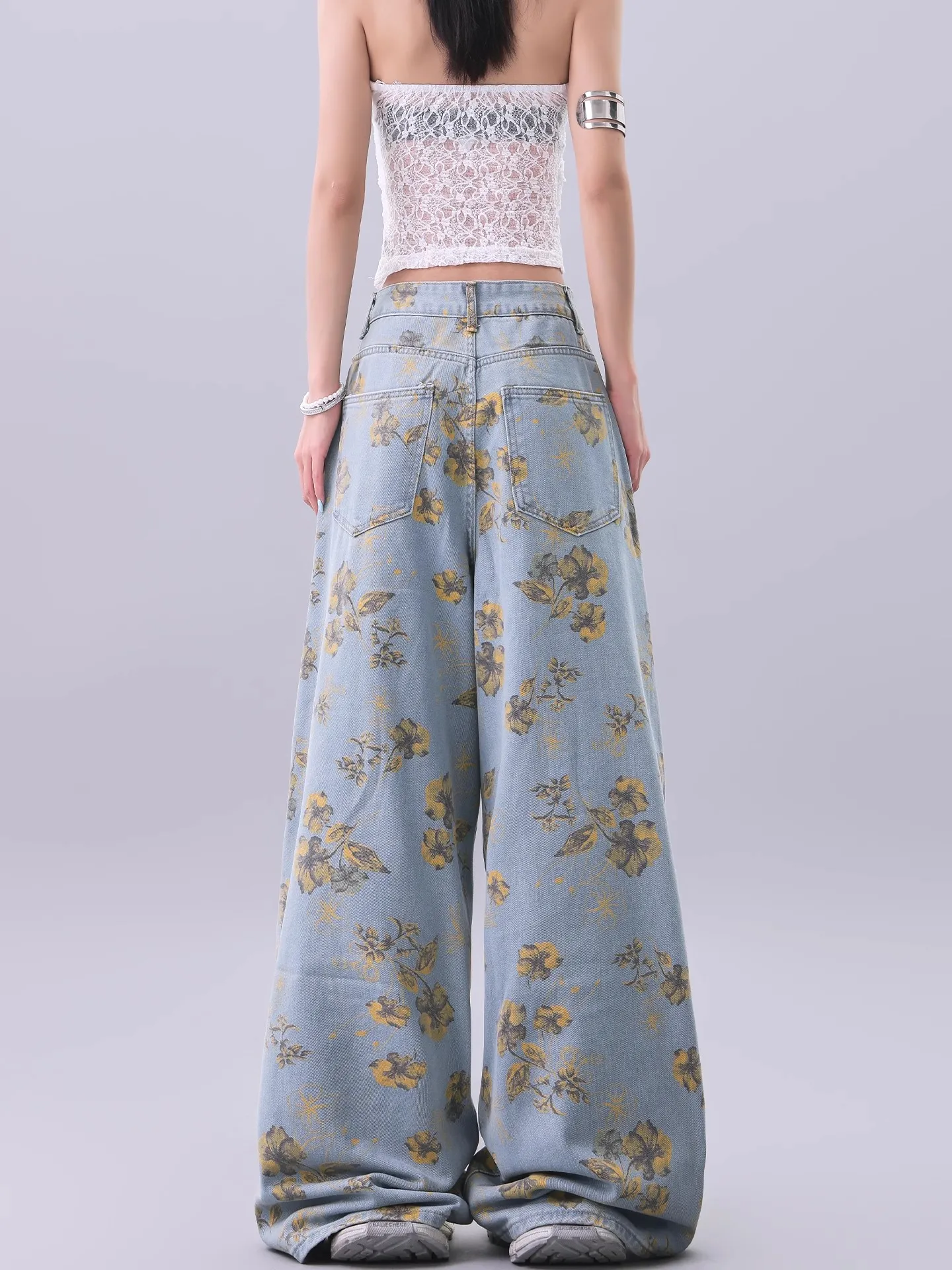 Vintage Floral Print Hohe Taille High Street Blau Gerade Jeans Hosen Koreanische Mode frauen Breite Bein Baggy Denim Hosen y2K