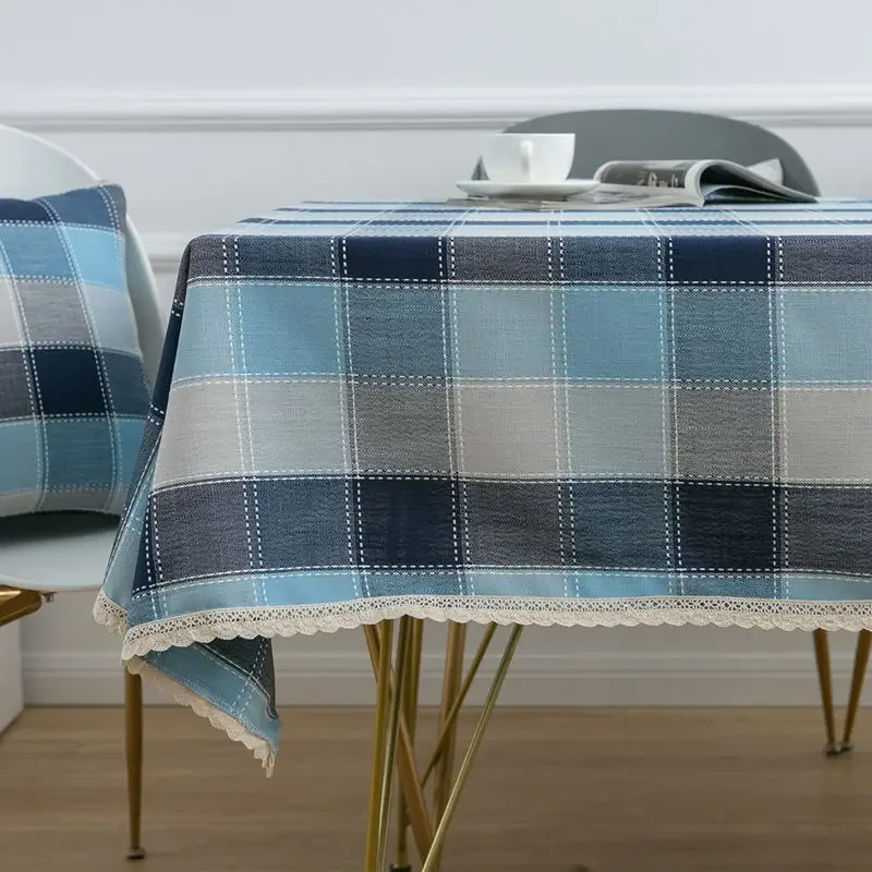 

Rectangular Linen Tablecloth with Lace, Waterproof Home Rustic Table Cover, Classic and Elegant, Blue Plaid, Farmhouse, 180cm