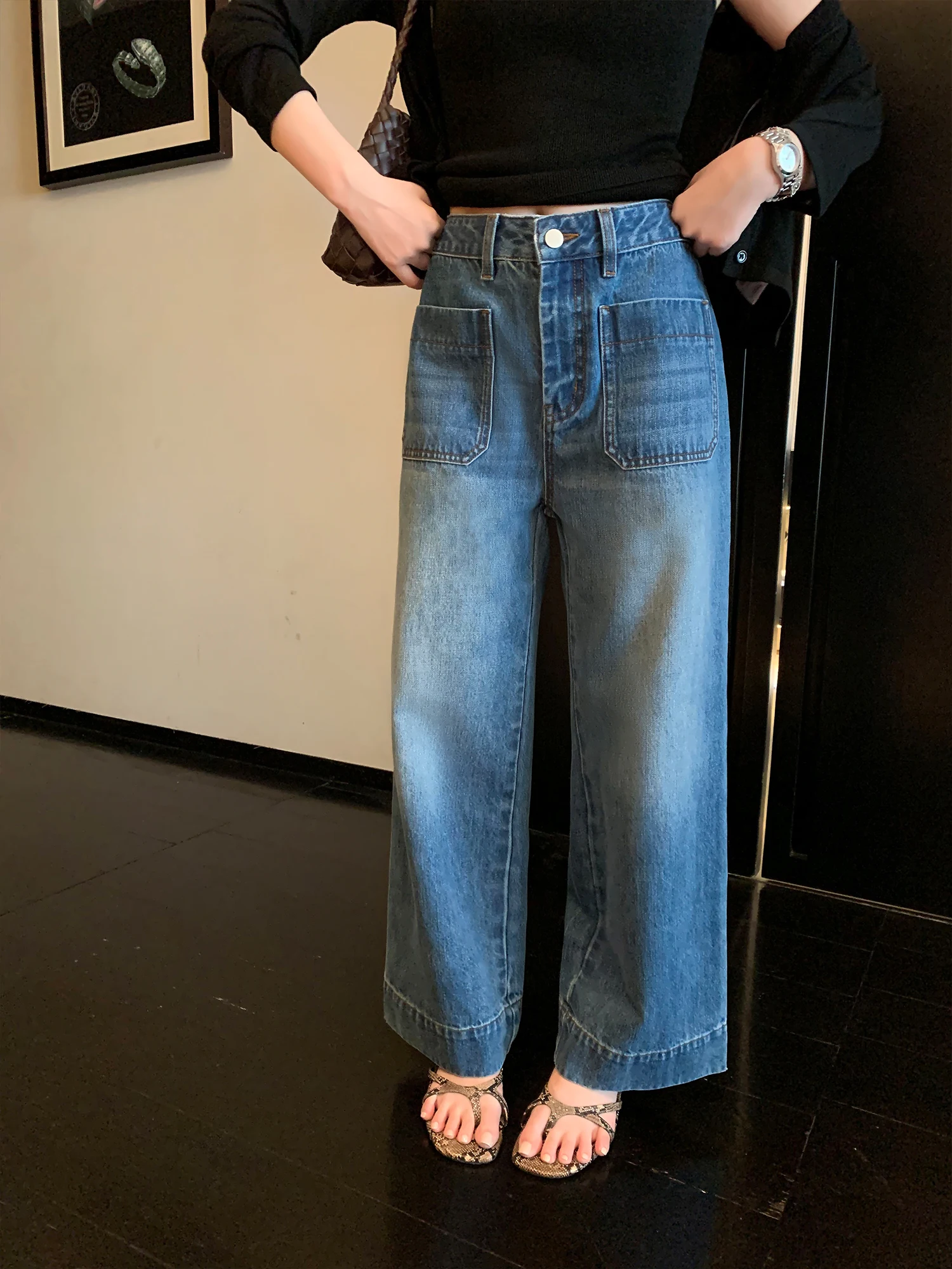 Pusumede Vintage High Waist Straight Leg Nine Crop Women's Loose Wide Leg Jeans Washed Denim Ladies Standard Fit Cotton Jeans