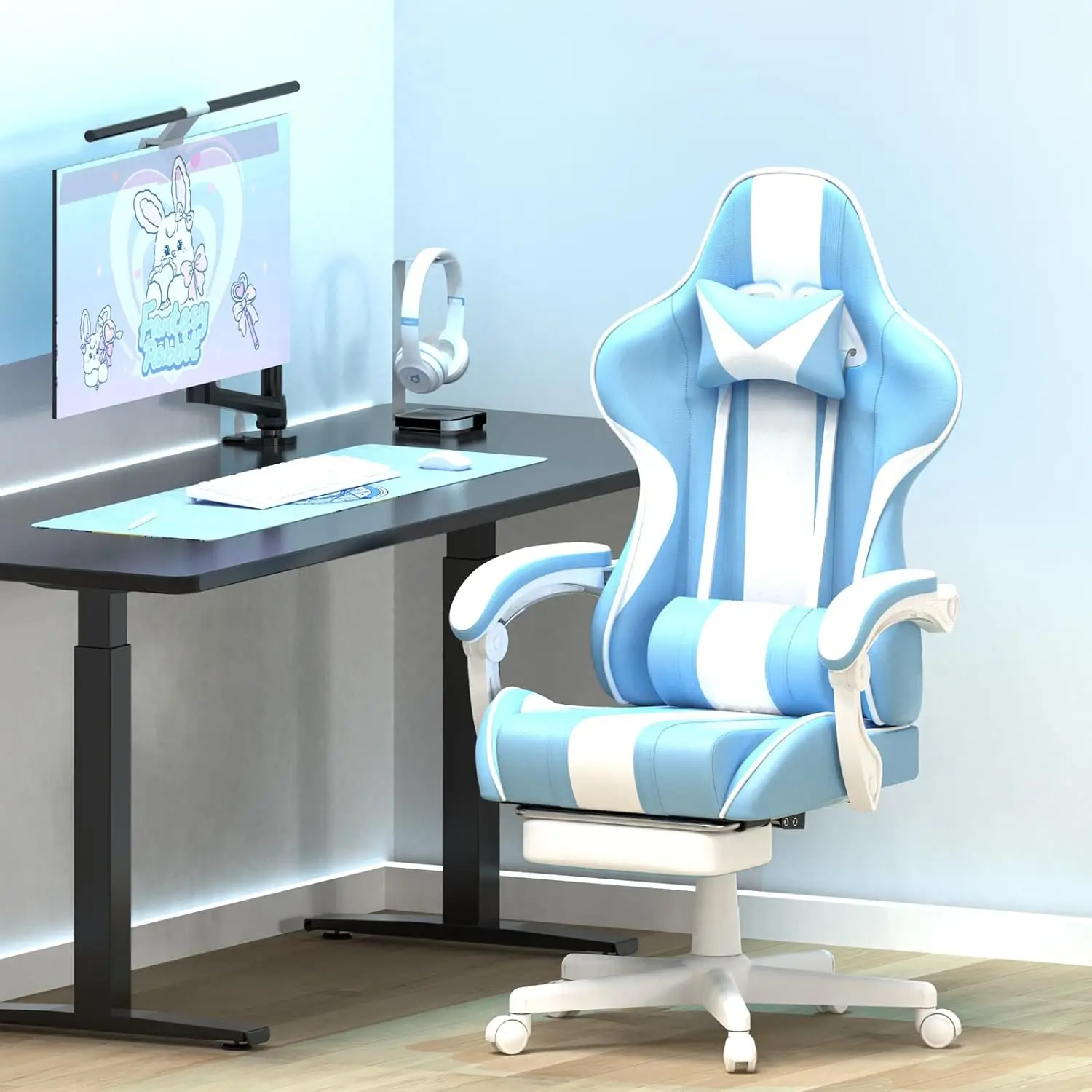 Kursi bermain Game, kursi komputer permainan PC gaya balap ergonomis dengan sandaran kepala penopang Lumbar dapat disesuaikan (biru muda)