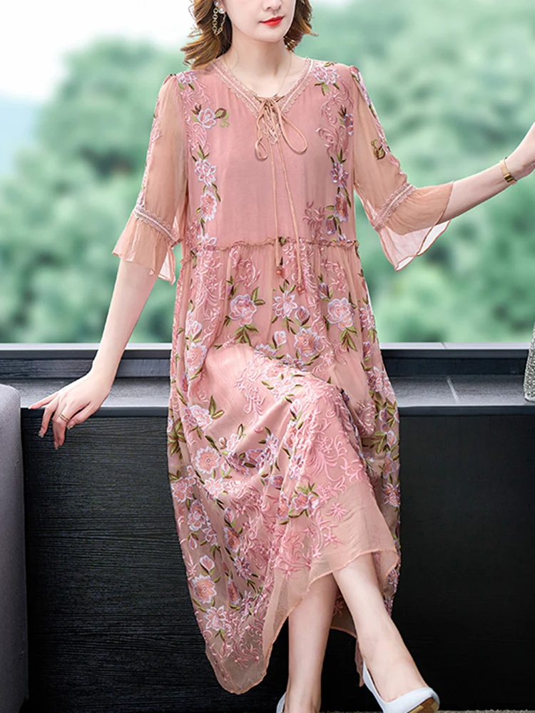 Summer Pink Embroidery Floral Mulberry Silk Midi Dress Women Fashion Elegant Loose Waist Beach Dress 2023 Korean Casual Vestidos