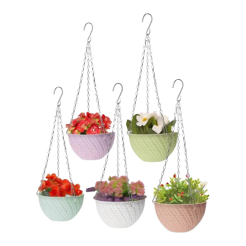 5pcs Hanging Basket Set Plastic with Chain Hooks for Plants Flowers Herbs Violets Woven Look White Green Pink Blue Purple