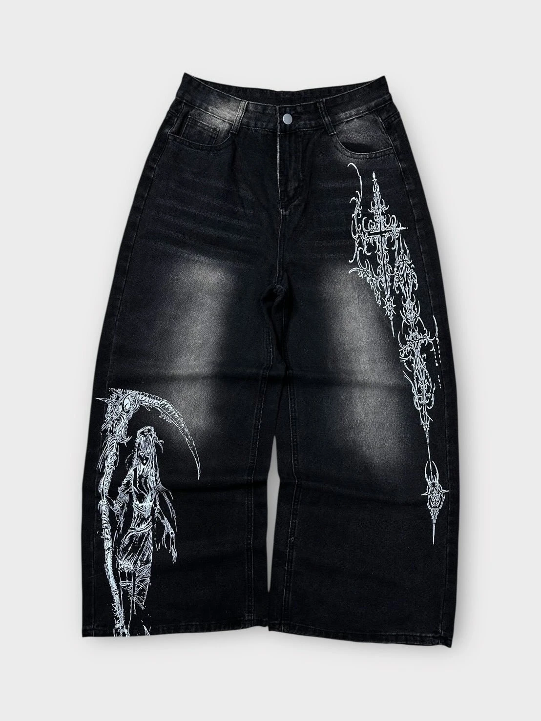 Y2K Dark Gothic Death Print Baggy Jeans Unisex Streetwear Wide Leg Denim Pants Harajuku Hip Hop Loose Fit